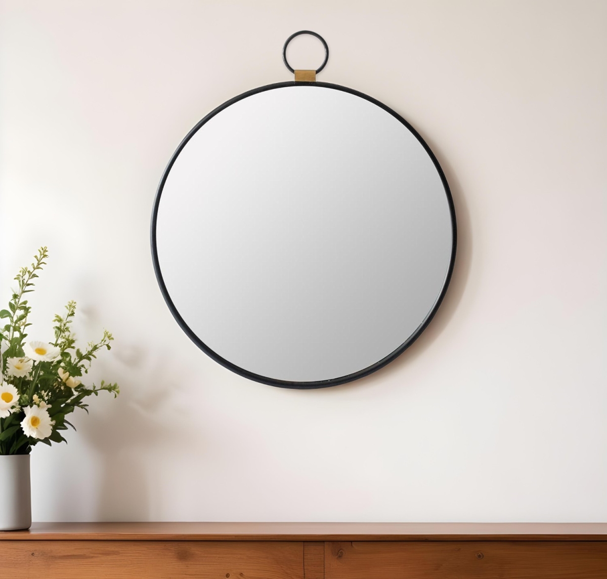 485021 28 in. Black Round Iron Framed Accent Mirror