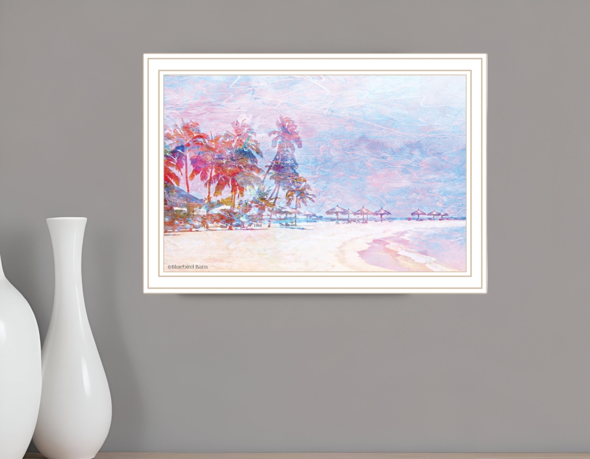 529614 Horizontal Rainbow Bright Sandy Beach with Umbrellas White Framed Print Wall Art
