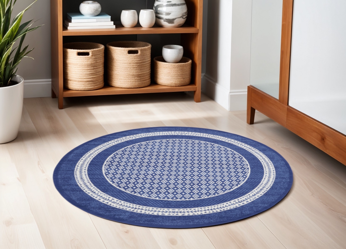 552423 5 ft. Geometric Distressed Round Rug, Ivory & Navy Blue