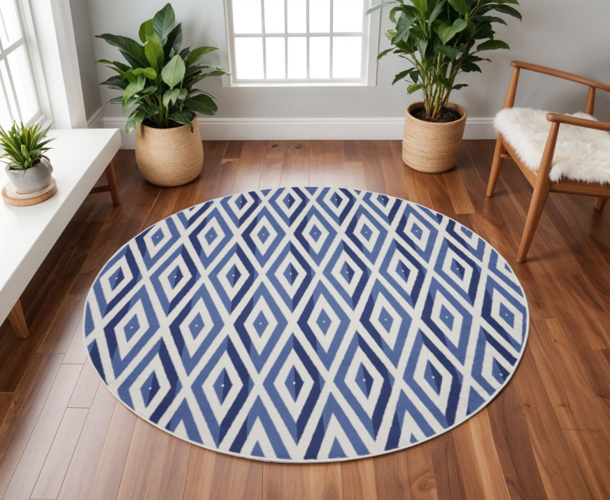 552325 8 ft. Geometric Power Loom Round Rug, Ivory & Blue