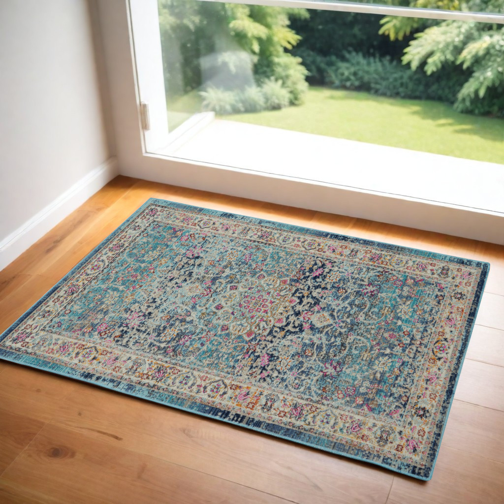 553367 2 x 4 ft. Floral Distressed Rectangle Area Rug, Blue & Beige