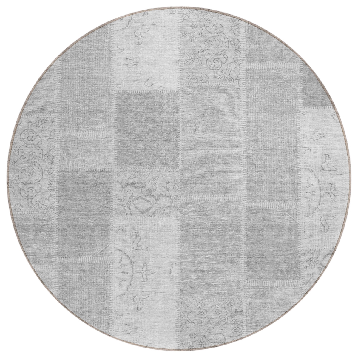 579351 8 ft. Round Patchwork Washable Indoor & Outdoor Area Rug, Silver, Gray & Graphite