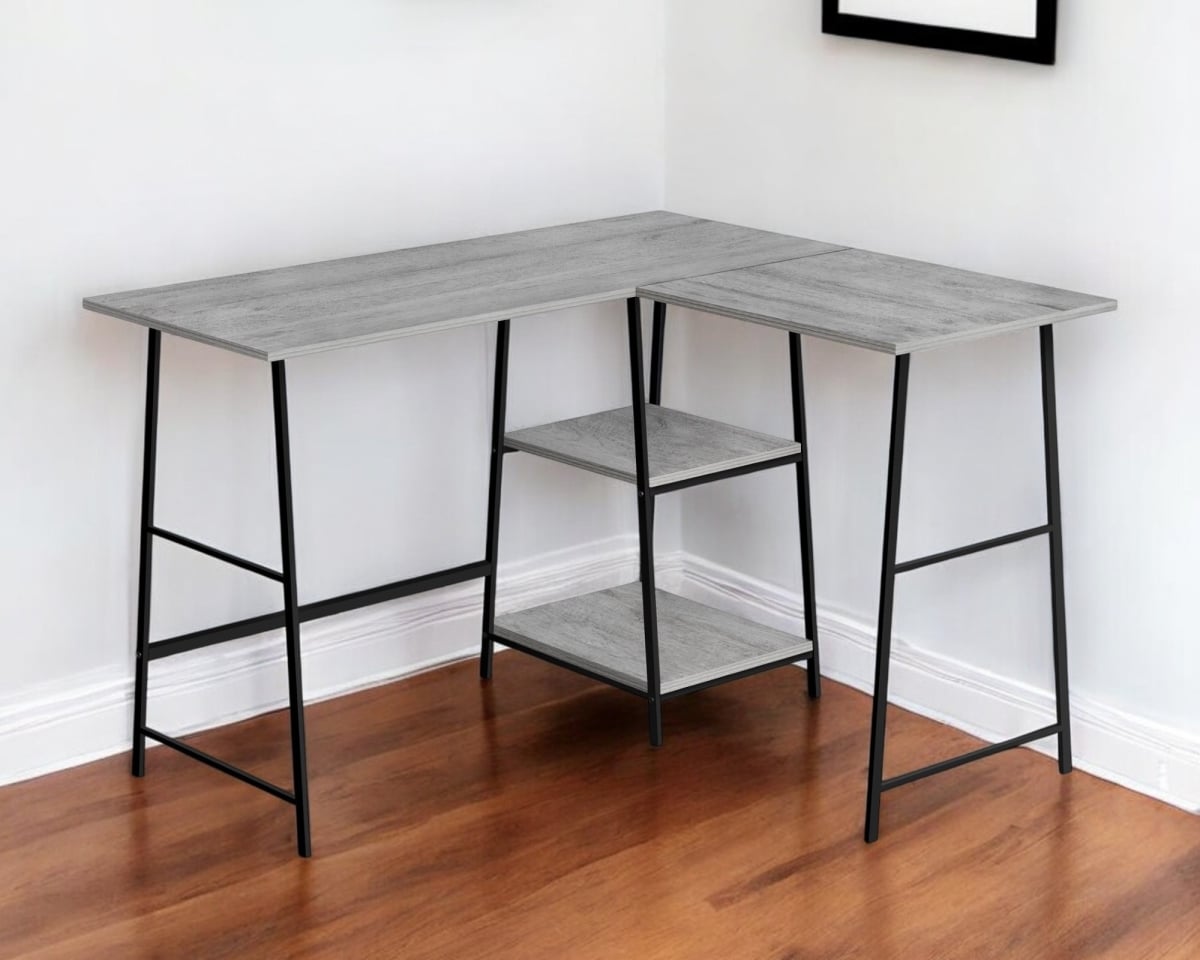 489990 42 in. Gray & Black Wood & Metal L Shape Computer Desk