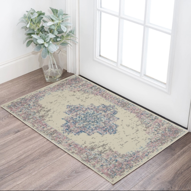 546072 2 x 4 ft. Medallion Distressed Rectangle Area Rug, Ivory, Pink & Blue