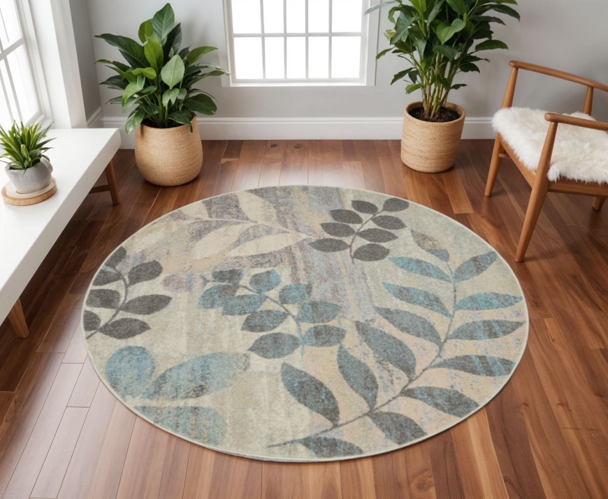 550273 8 ft. Botanical Leaves Round Rug, Ivory, Gray & Blue