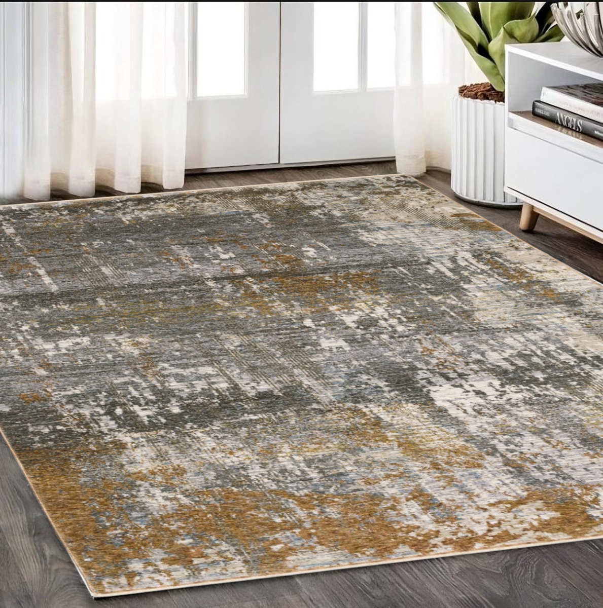 575594 5 x 8 ft. Abstract Rectangle Area Rug with Fringe, Gray & Gold