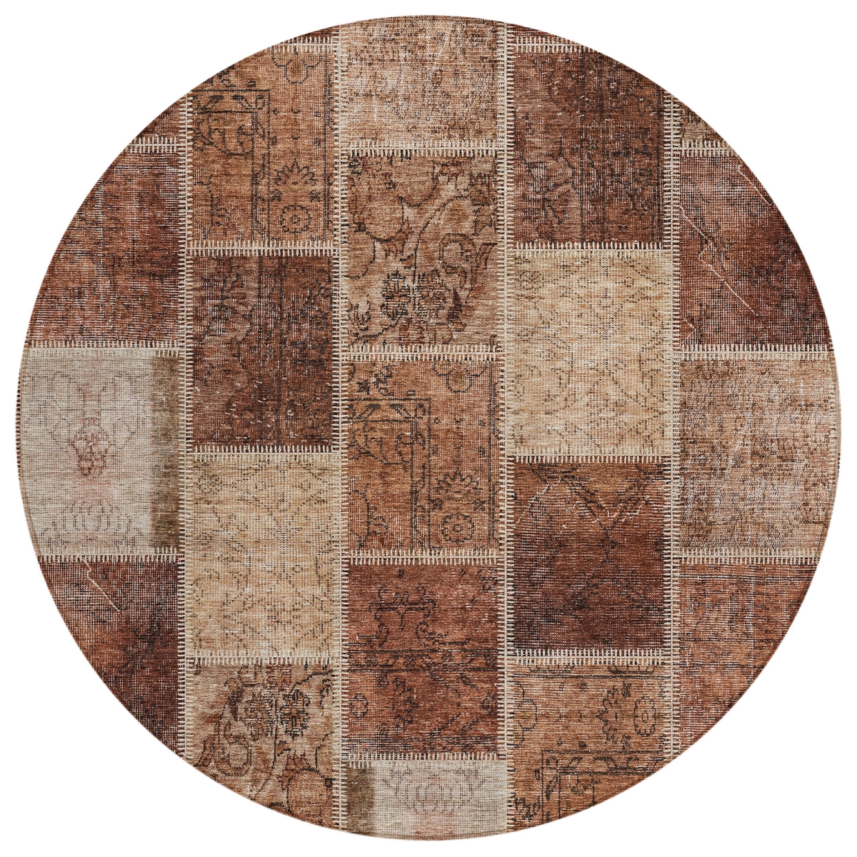 586326 8 ft. Round Patchwork Washable Indoor & Outdoor Area Rug, Orange, Copper & Beige