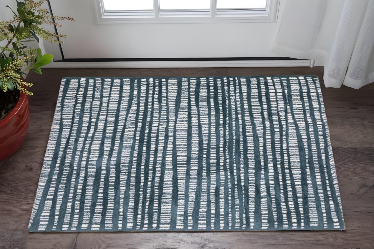 Striped Distressed Area Rug - Teal & Ivory - 2 x 3 ft. - Stain Resistant