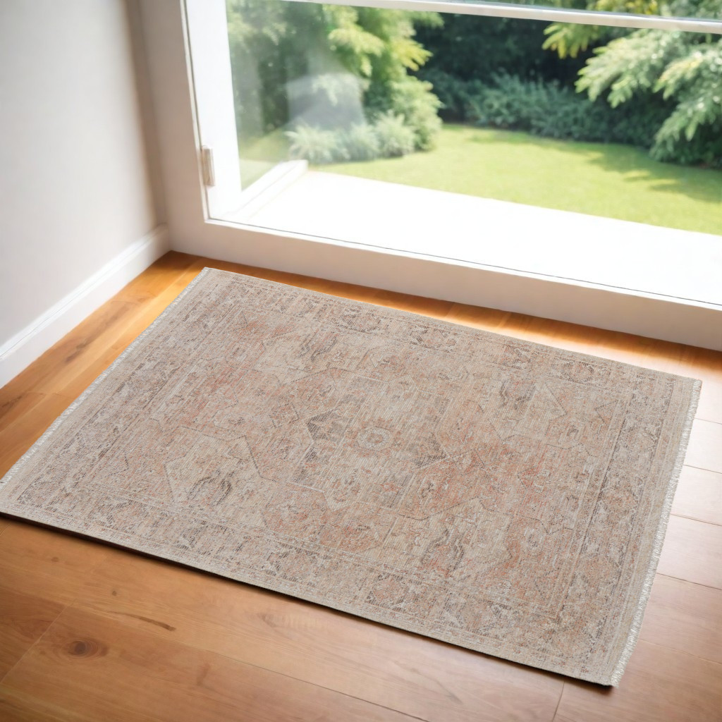566221 2 x 3 ft. Oriental Hand Woven Distressed Rectangle Area Rug with Fringe, Tan, Orange & Ivory