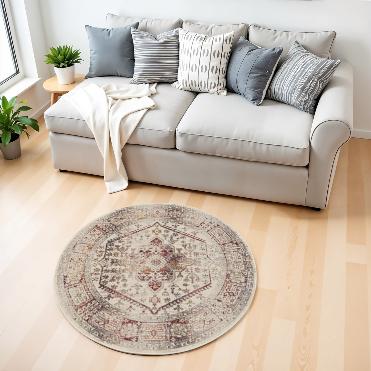 552460 4 ft. Floral Distressed Round Rug, Ivory, Red & Orange