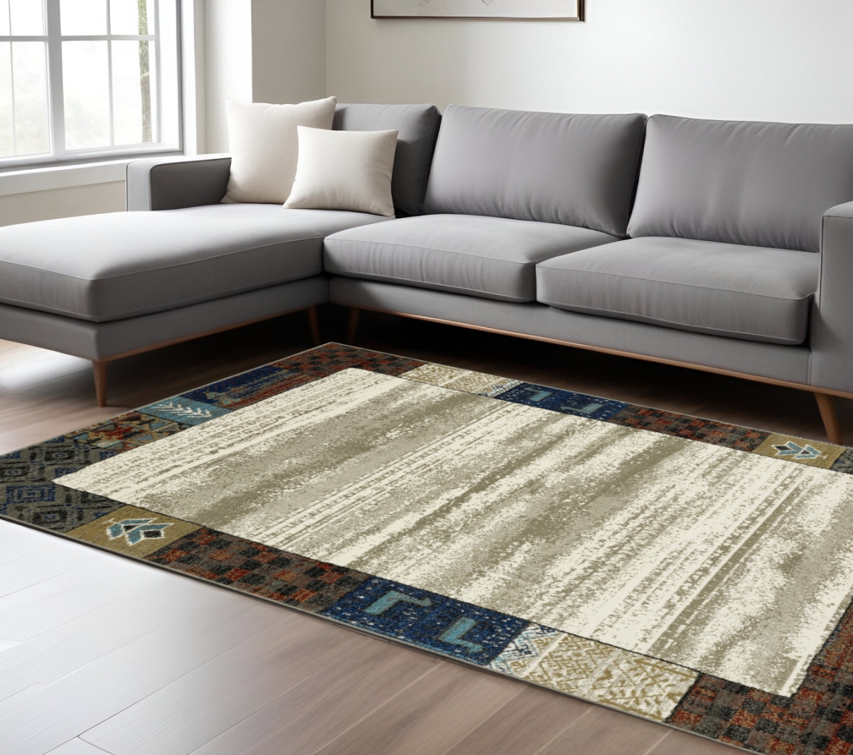 574676 10 x 13 ft. Patchwork Rectangle Area Rug, Ivory, Tan & Blue
