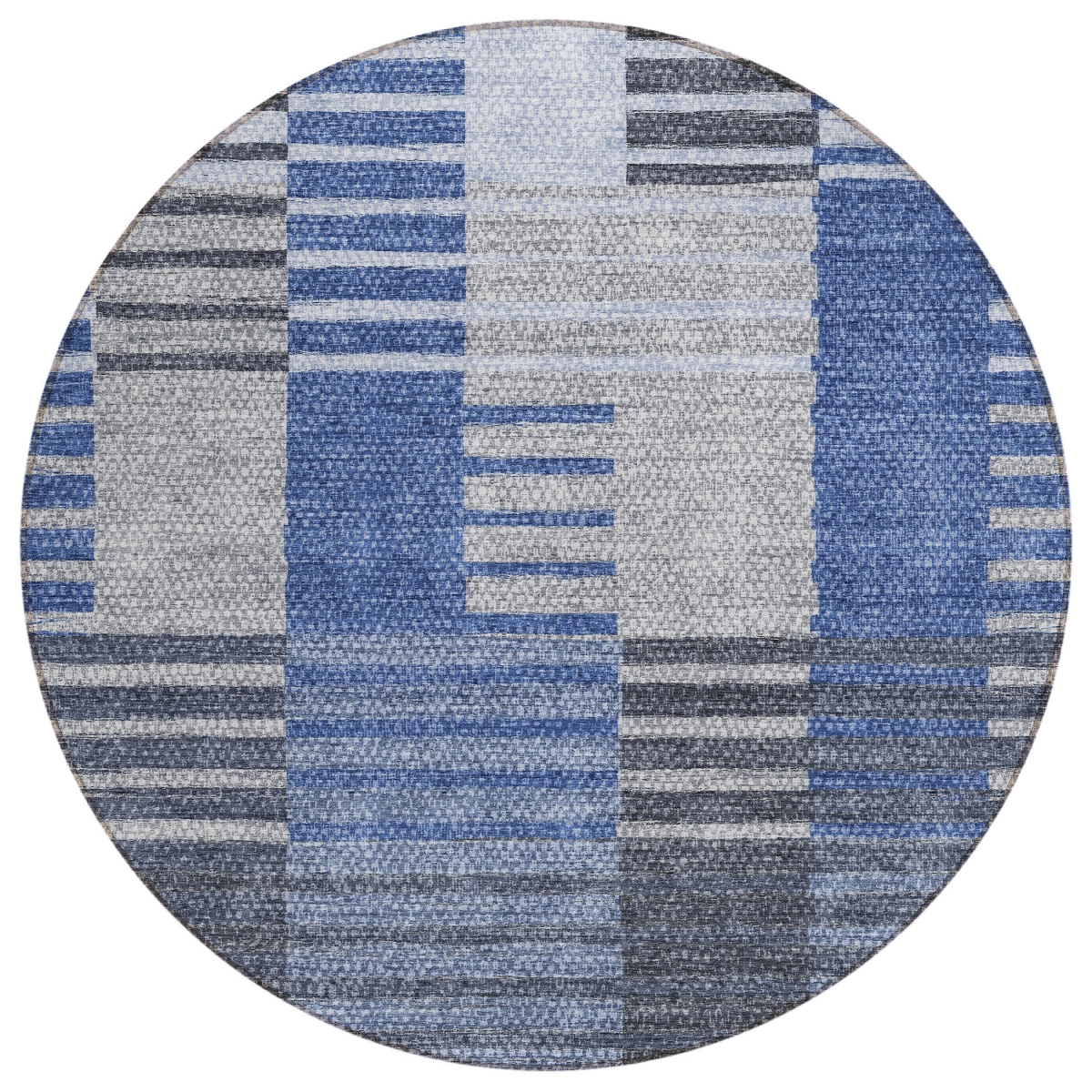 581691 8 ft. Round Striped Washable Indoor & Outdoor Area Rug, Denim Blue & Navy Blue