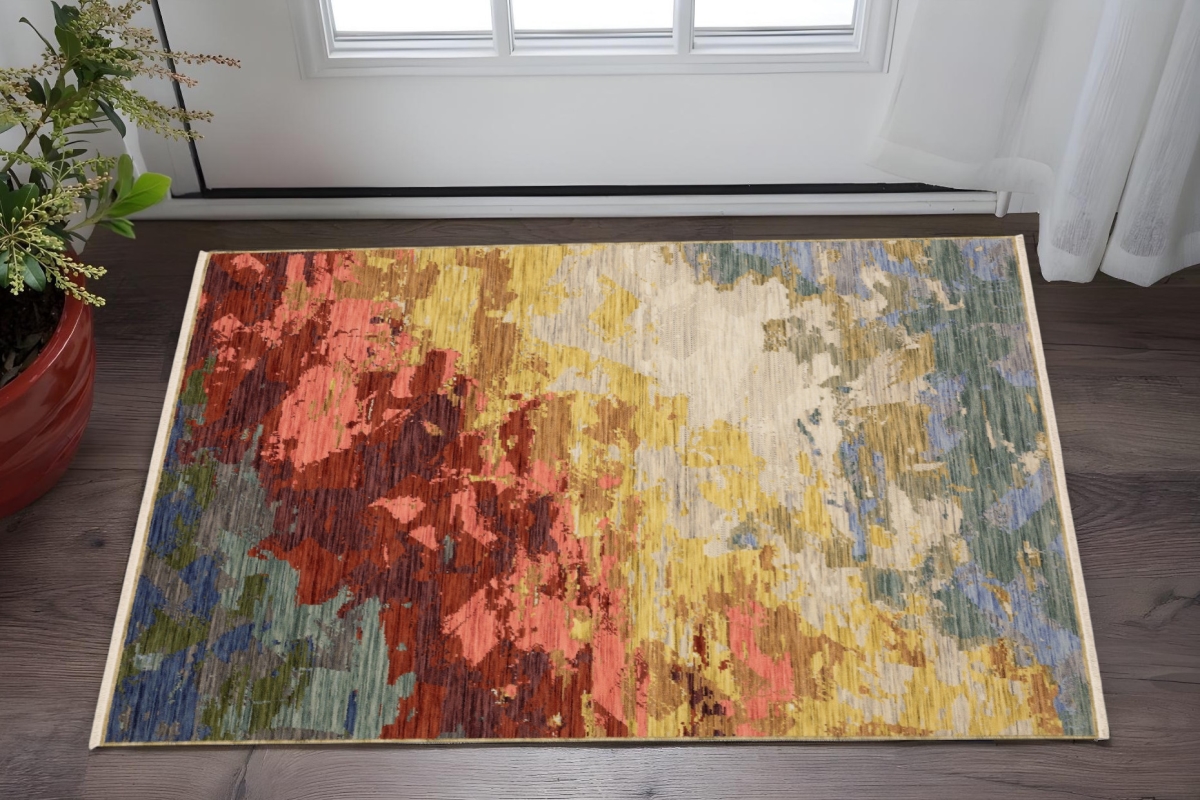 575470 3 x 5 ft. Abstract Rectangle Area Rug with Fringe, Beige, Rust & Yellow