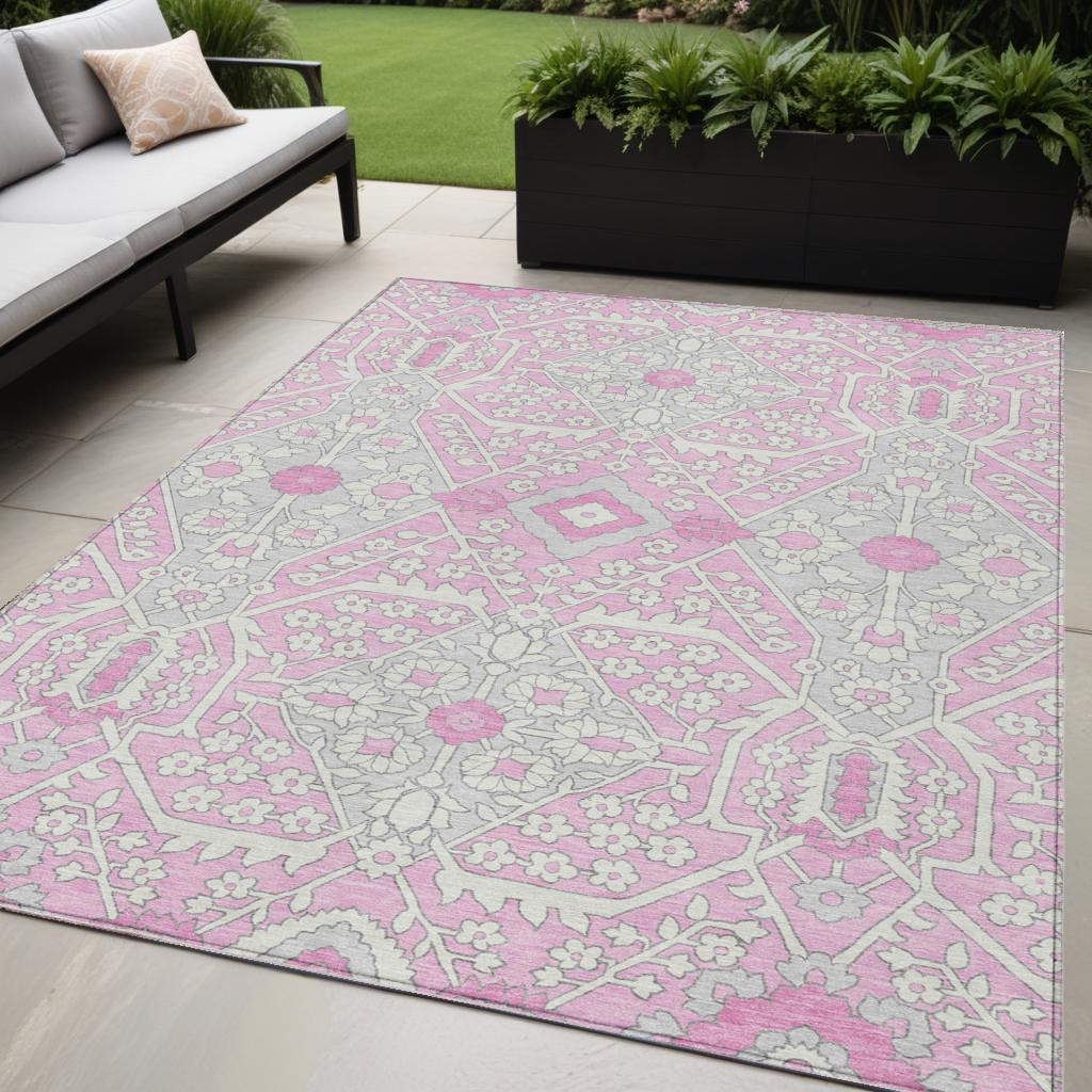 590077 5 x 8 ft. Floral Washable Indoor & Outdoor Rectangle Area Rug, Pink, Ivory & Gray