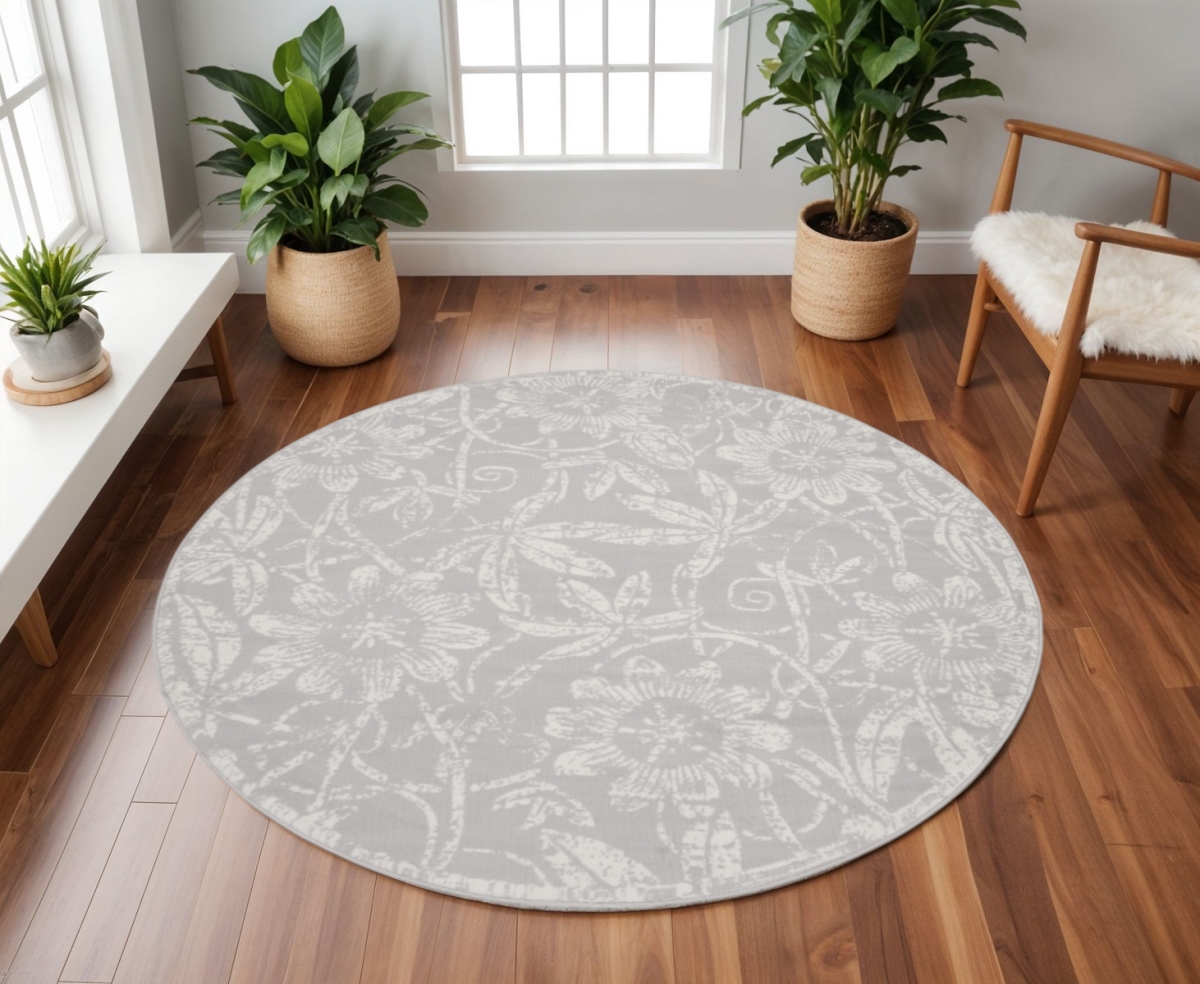 552302 8 ft. Floral Distressed Round Rug, Ivory & Gray