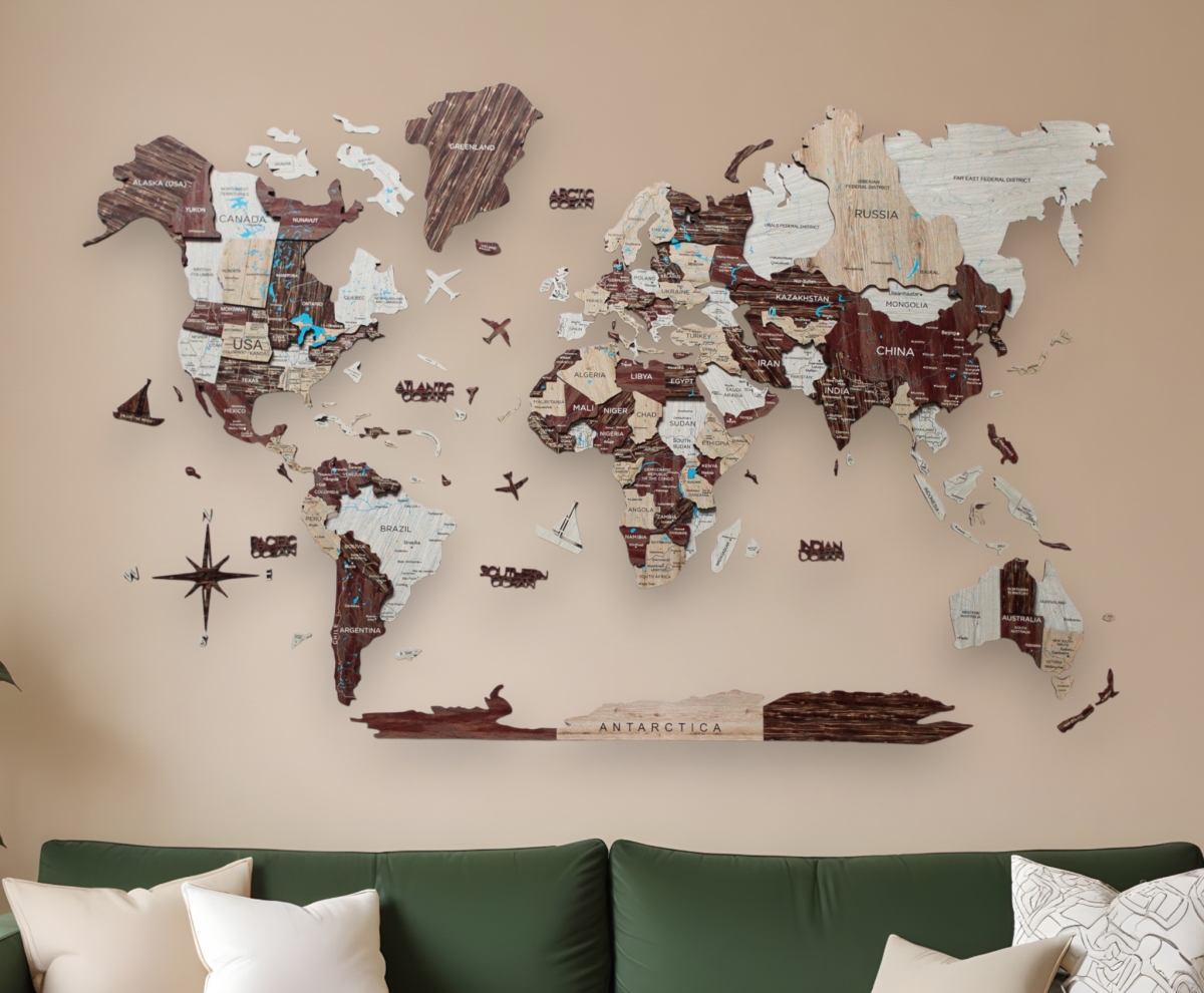 Picture of HomeRoots 521591 47 x 79 in. Brown & Beige Wood World Map Hanging Dimensional Sculpture