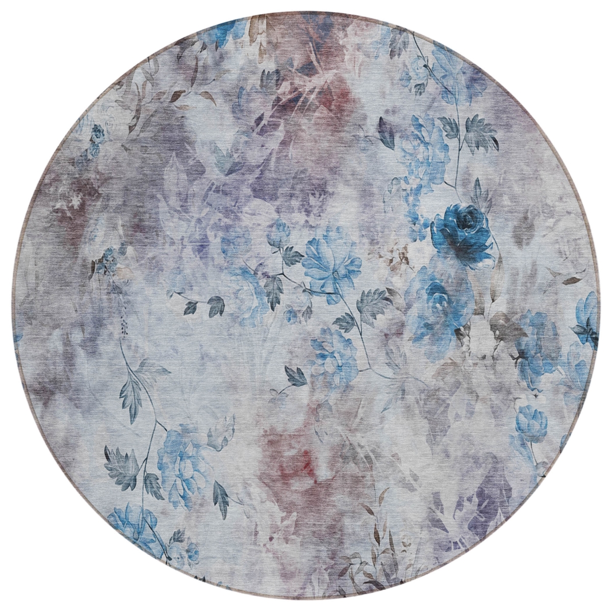 583102 8 ft. Round Floral Washable Indoor & Outdoor Area Rug, Navy Blue & Sky Blue