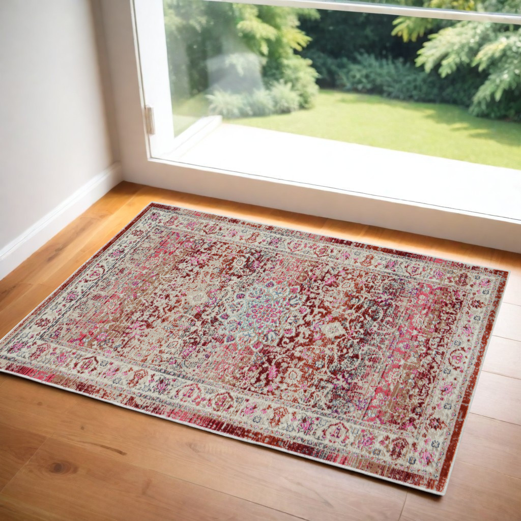 553372 2 x 4 ft. Floral Distressed Rectangle Area Rug, Ivory & Red