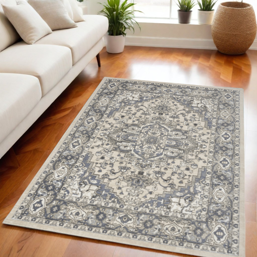 545164 5 x 7 ft. Medallion Power Loom Distressed Rectangle Area Rug, Blue & Ivory