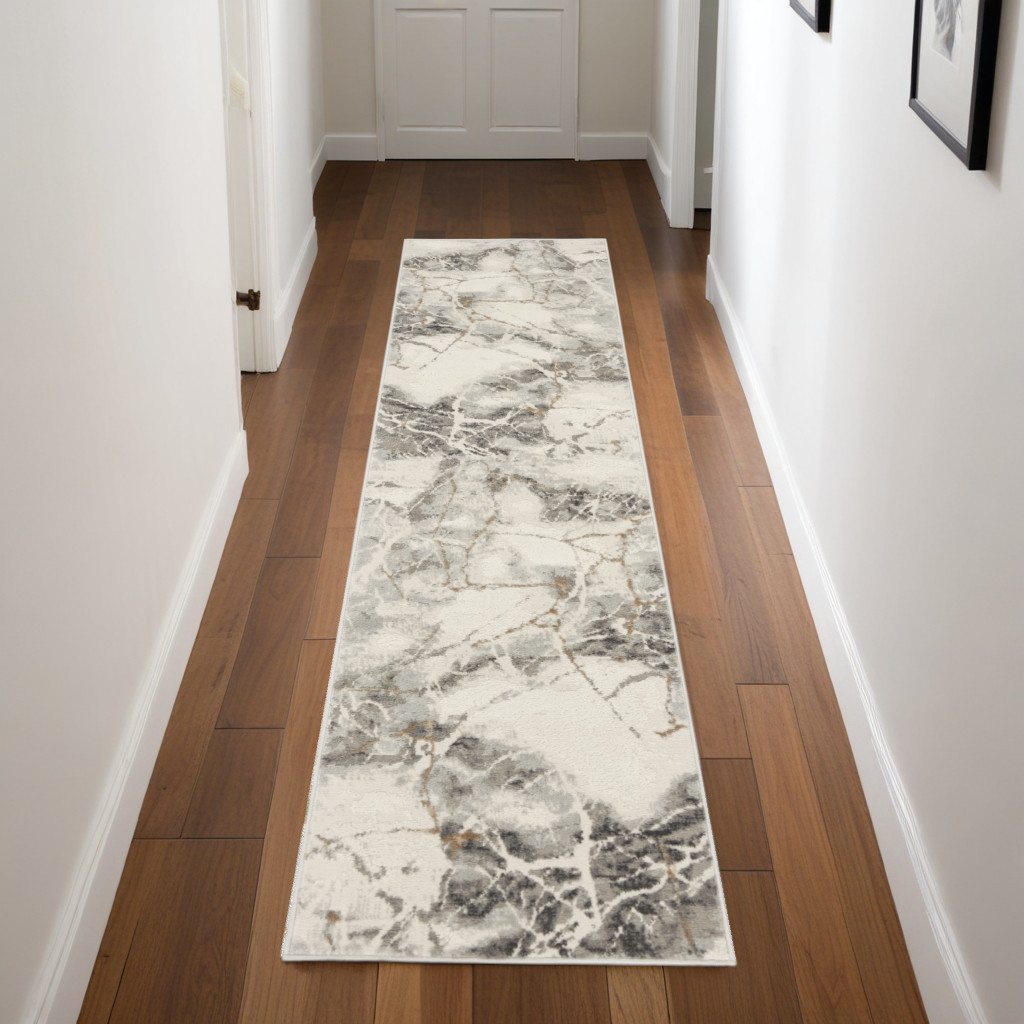 553129 8 ft. Ivory & Gray Abstract Non Skid Runner Rug