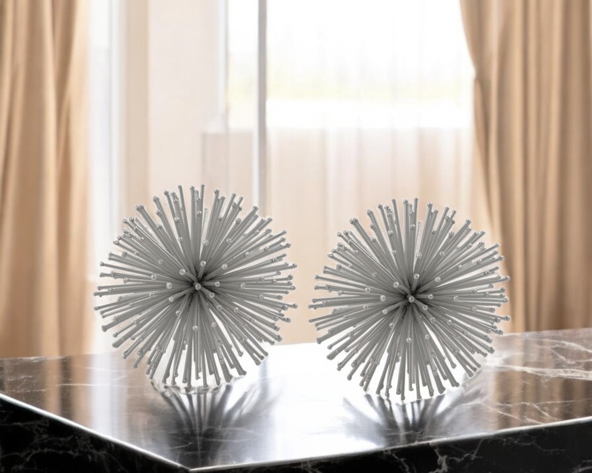 568887 Silver Iron Decorative Spiky Sphere Tabletop Sculpture - Set of 2