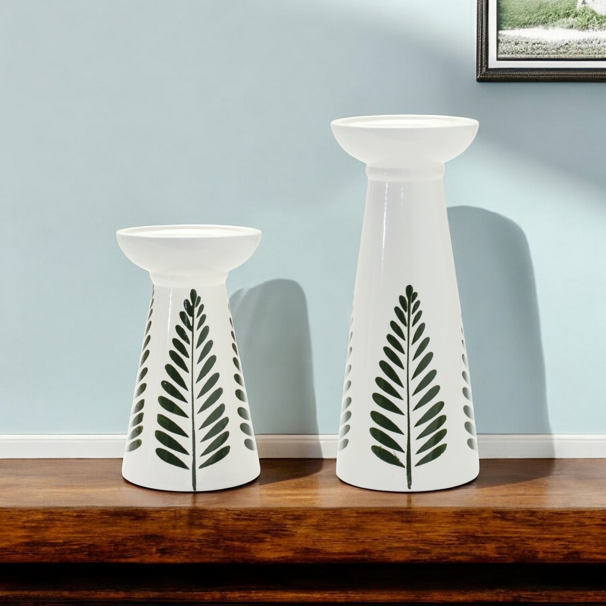Picture of HomeRoots 517635 Green & White Ceramic Botanical Leaf Tabletop Pillar Candle Holders - Set of 2