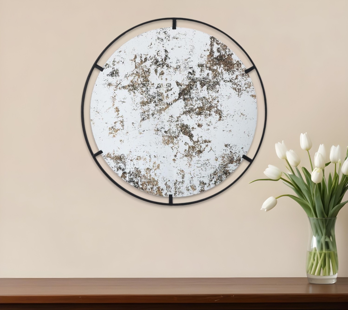 485088 32 in. Black Round Iron Framed Accent Mirror