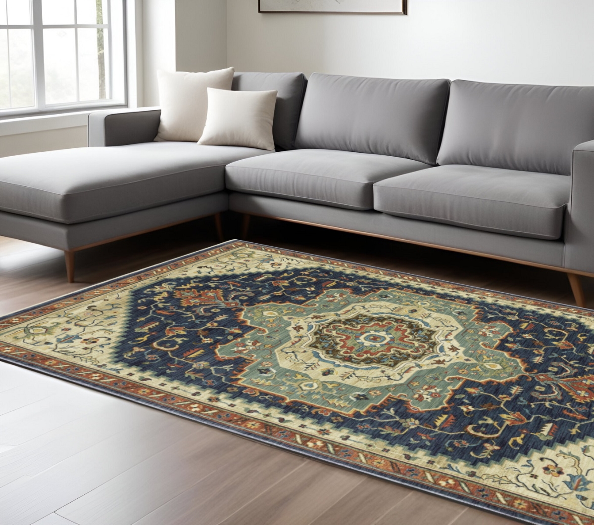 574612 7 x 10 ft. Oriental Rectangle Area Rug with Fringe, Blue, Ivory & Orange