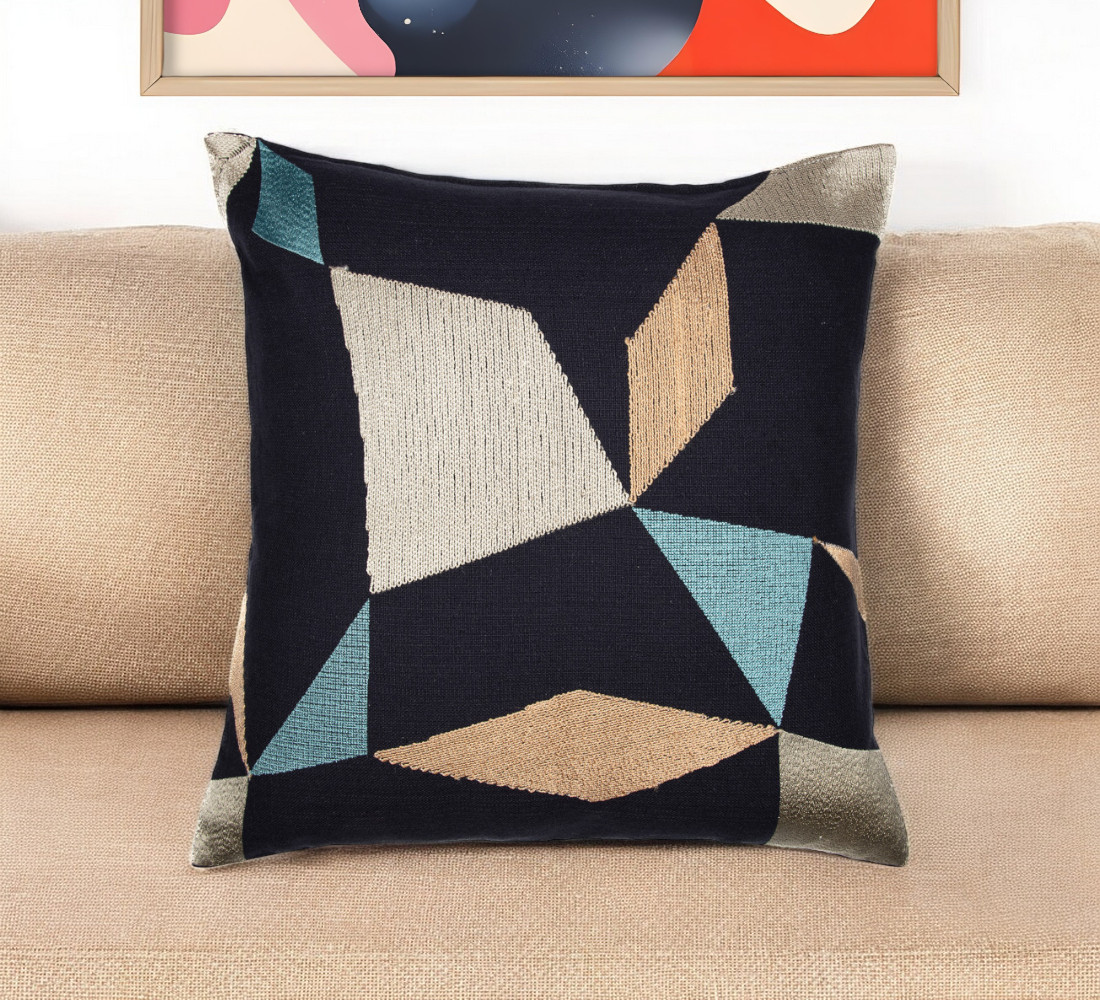 Geometric Cotton Blend Throw Pillow - Blue & Beige - 24 in. - Soft & Stylish