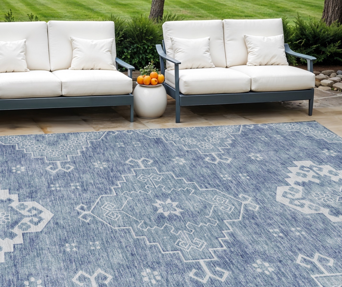 Picture of HomeRoots 589035 8 x 10 ft. Medallion Washable Indoor & Outdoor Traditional Rectangle Area Rug&#44; Navy Blue & Denim Blue