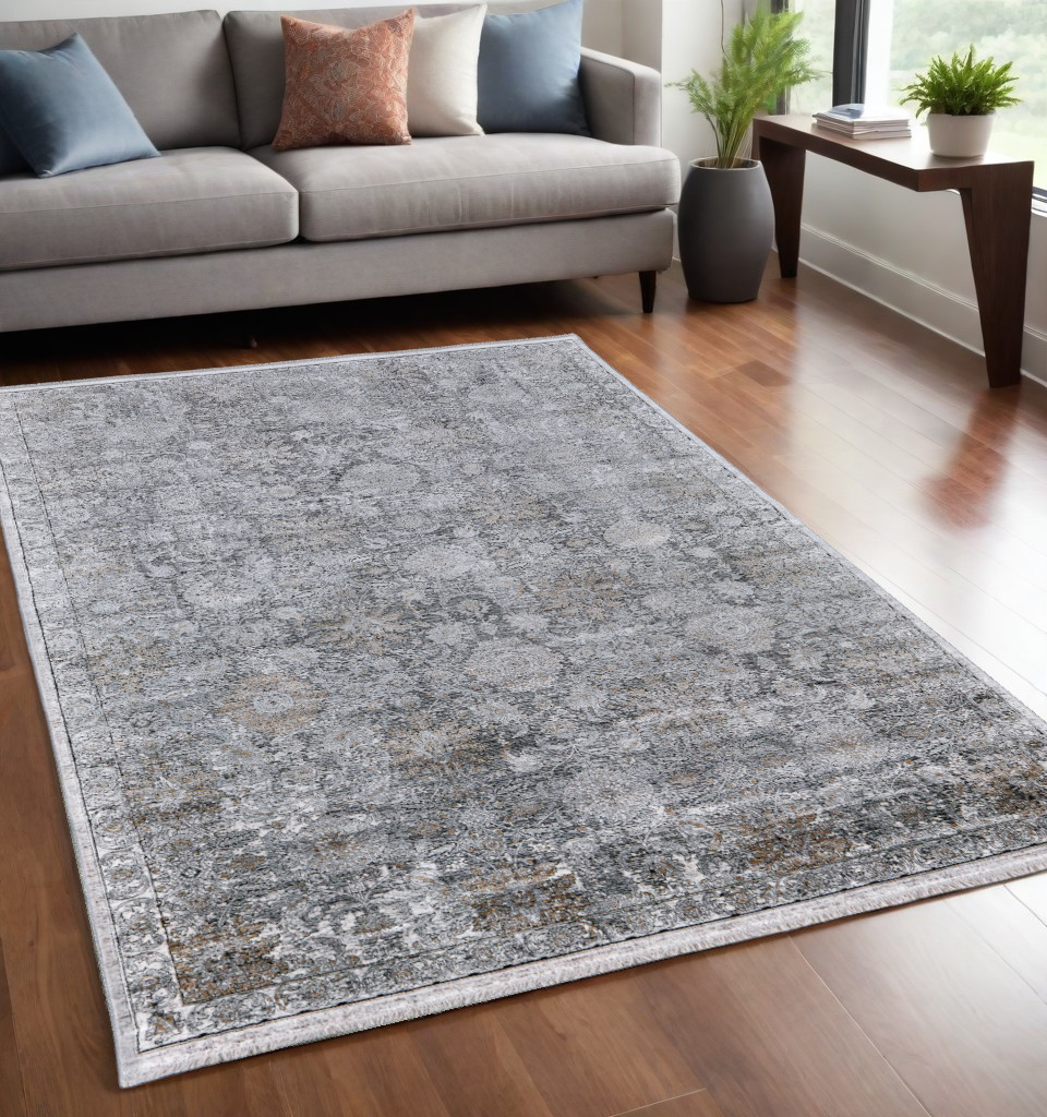 566350 5 x 7 ft. Damask Power Loom Worn Faded Rectangle Area Rug, Gray & Silver