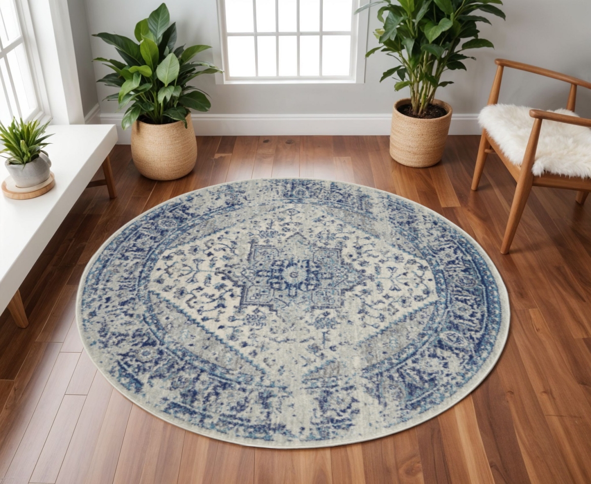 550272 8 ft. Floral Medallion Distressed Round Rug, Ivory & Light Blue