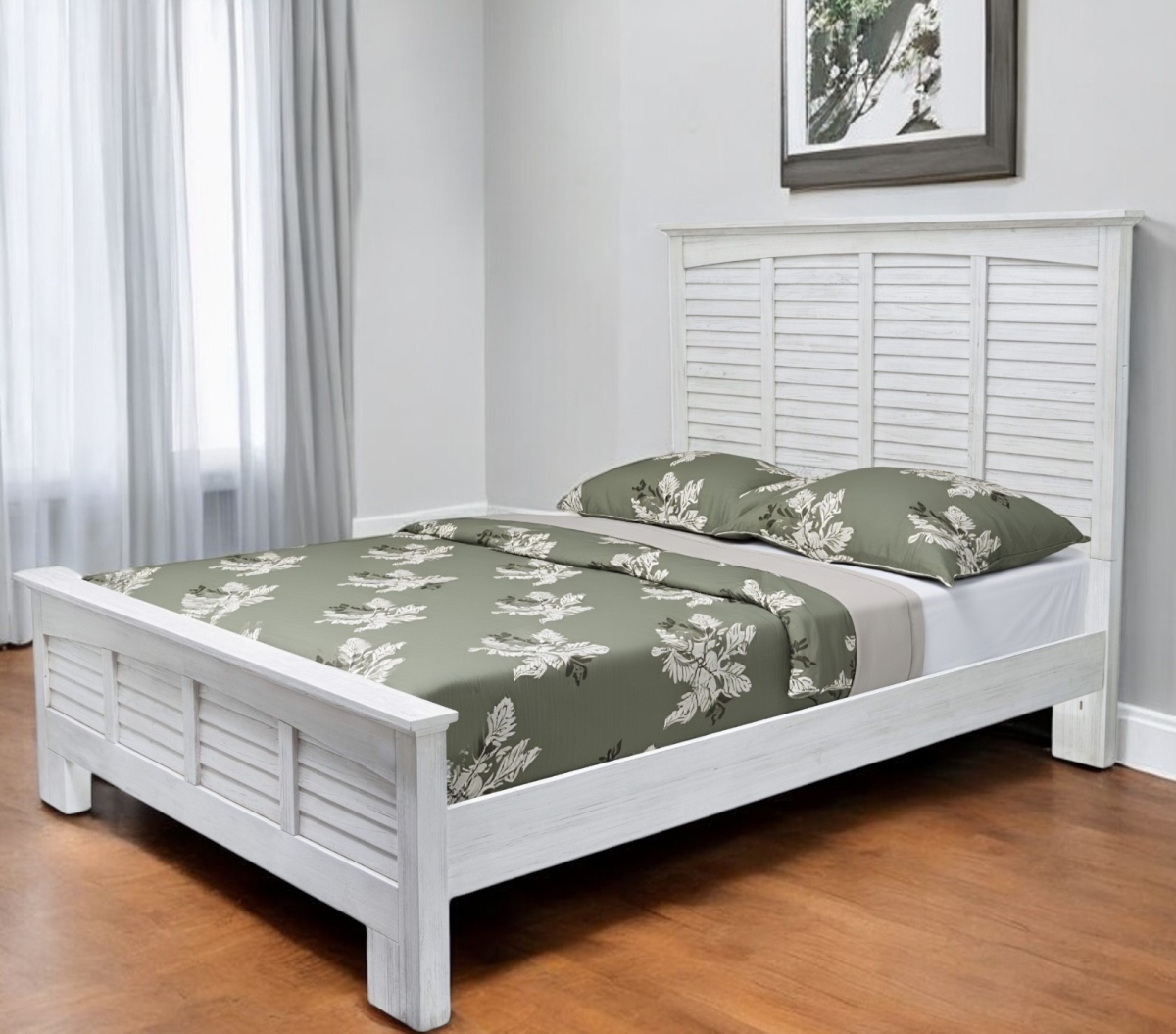 Picture of HomeRoots 571393 White Plantation Shutter Distressed Solid Wood Queen Size Bed Frame