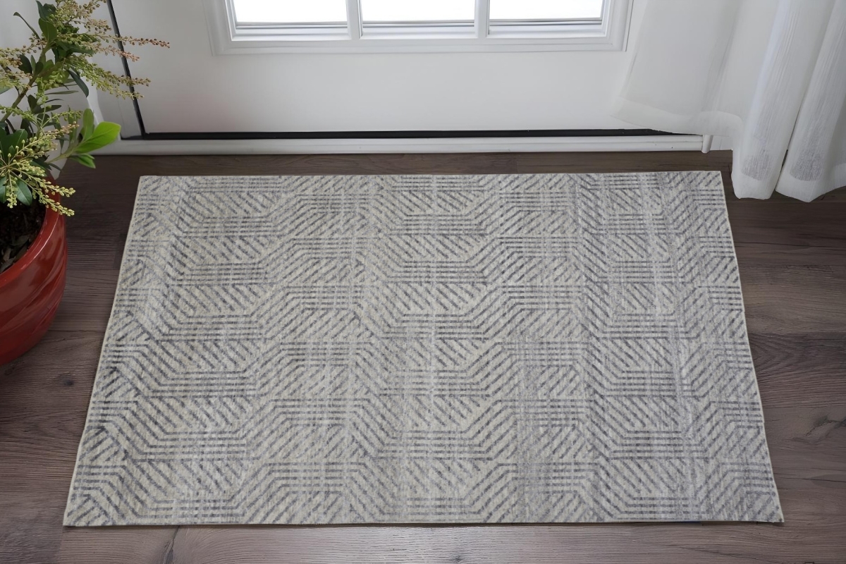 567935 2 x 3 ft. Wool Geometric Hand Knotted Rectangle Area Rug, Tan & Gray