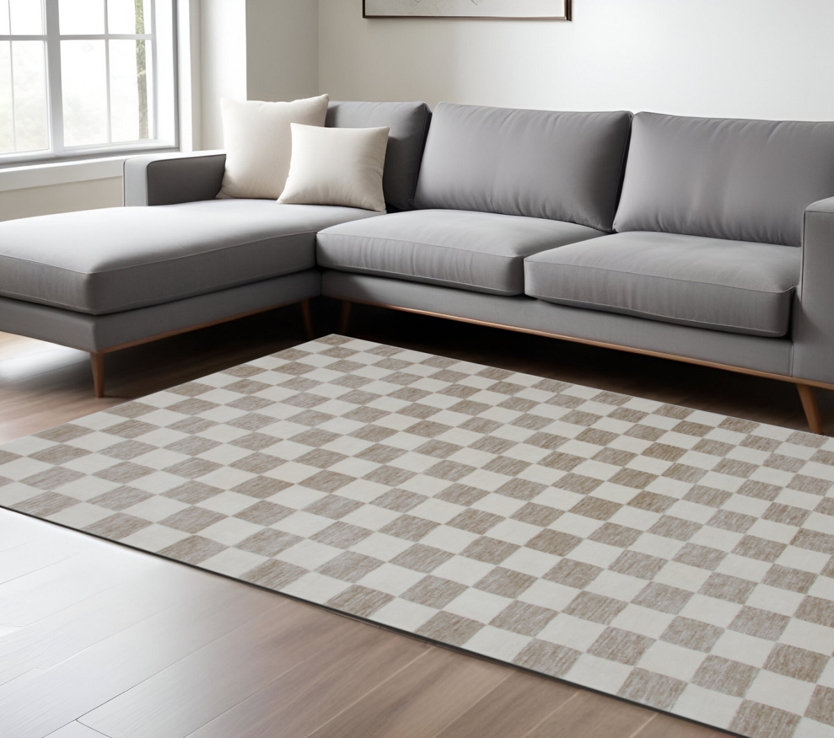 534413 7 x 10 ft. Checkered Power Loom Rectangle Area Rug, Beige & Brown