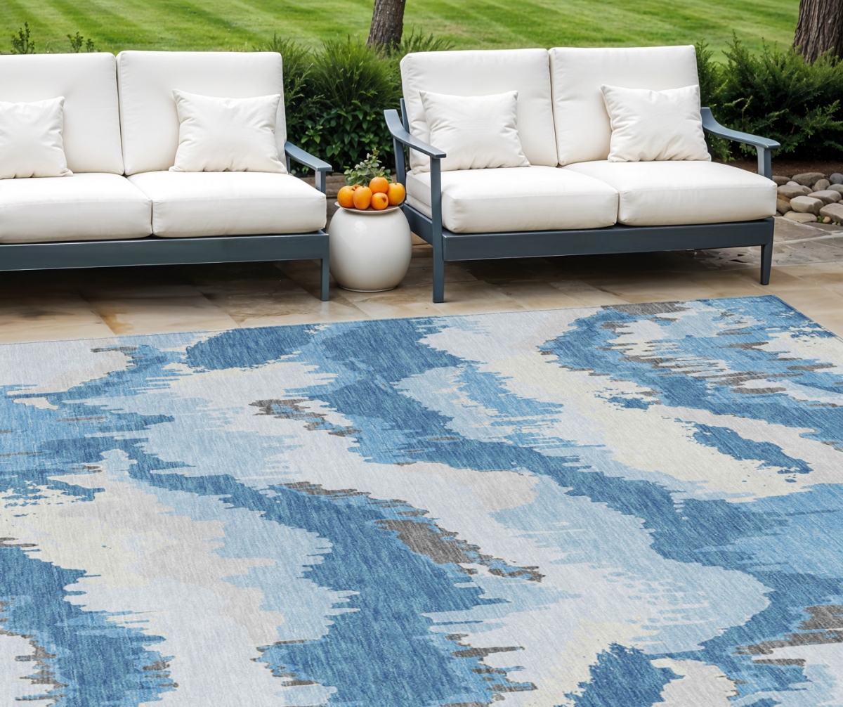 Picture of HomeRoots 590159 10 x 14 ft. Abstract Washable Indoor & Outdoor Rectangle Area Rug&#44; Sky Blue & Denim Blue