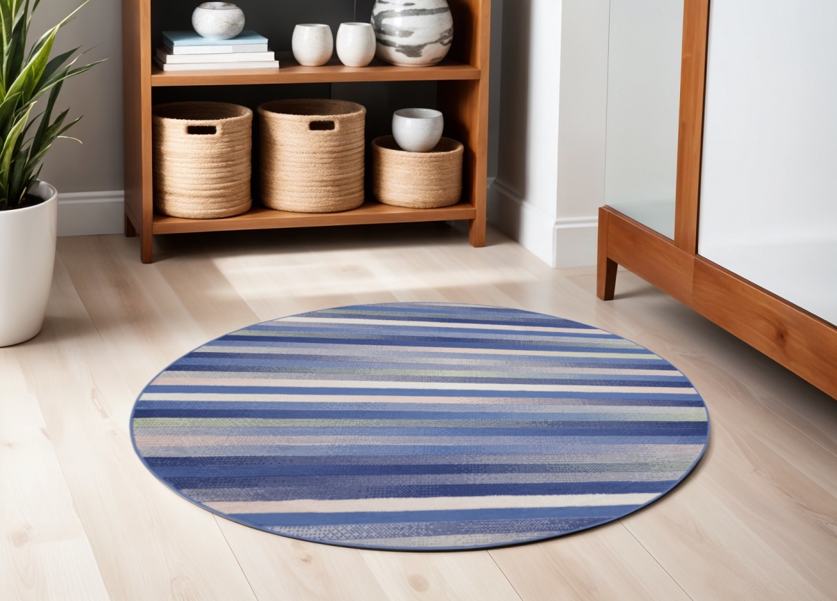 552426 5 ft. Striped Round Rug, Ivory, Tan & Blue