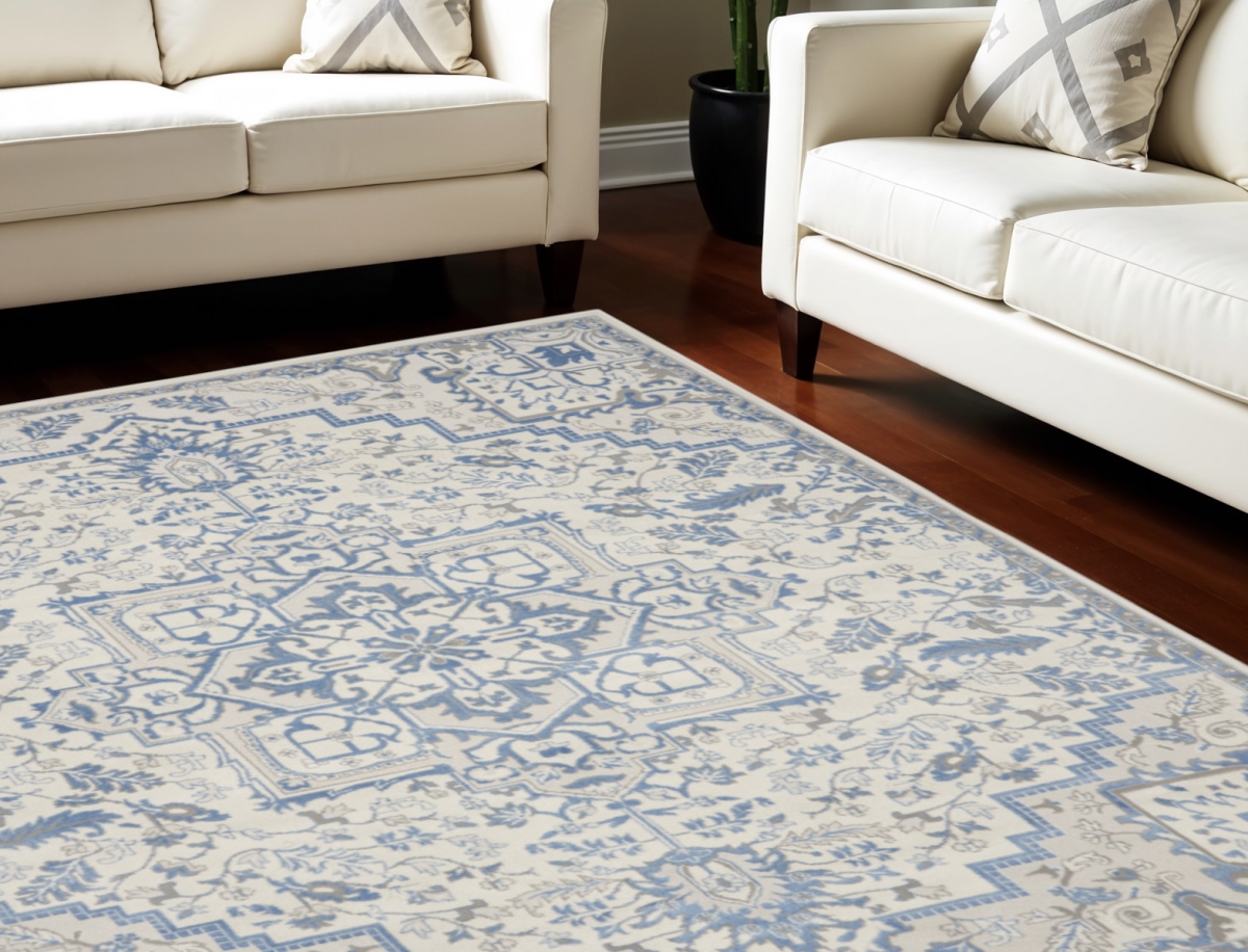 550434 8 x 10 ft. Floral Non Skid Rectangle Area Rug, Ivory & Blue