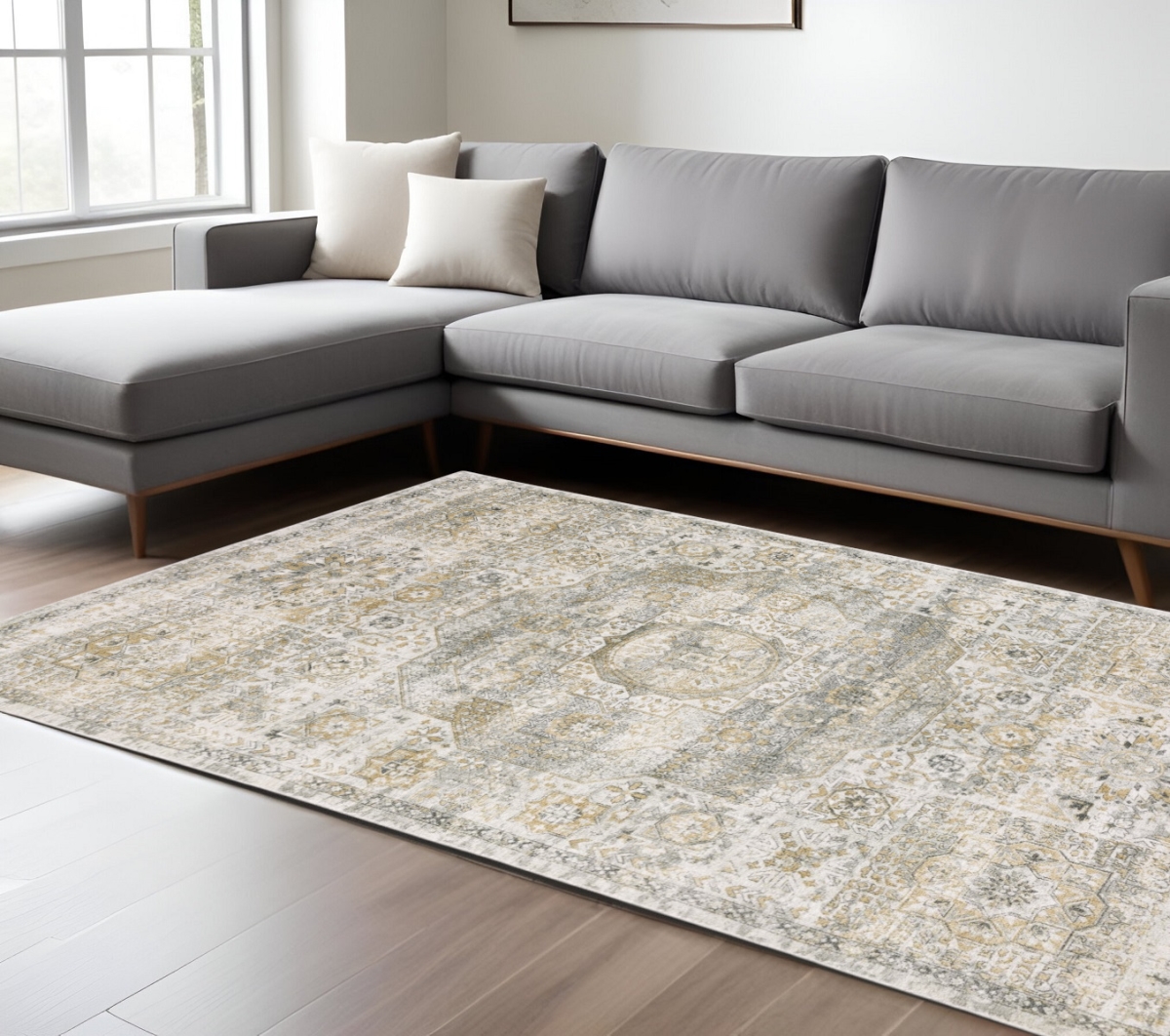 576526 9 x 12 ft. Medallion Hand Tufted Rectangle Area Rug, Gray & Gold