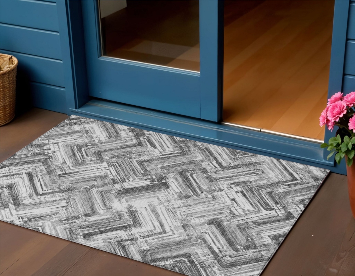 579276 3 x 5 ft. Geometric Washable Indoor & Outdoor Rectangle Area Rug, Gray, Silver & Ivory