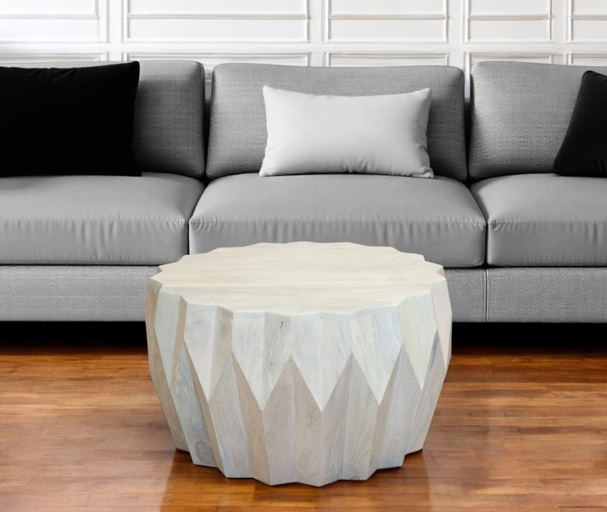579997 32 in. Off White Solid Wood Round Block Coffee Table