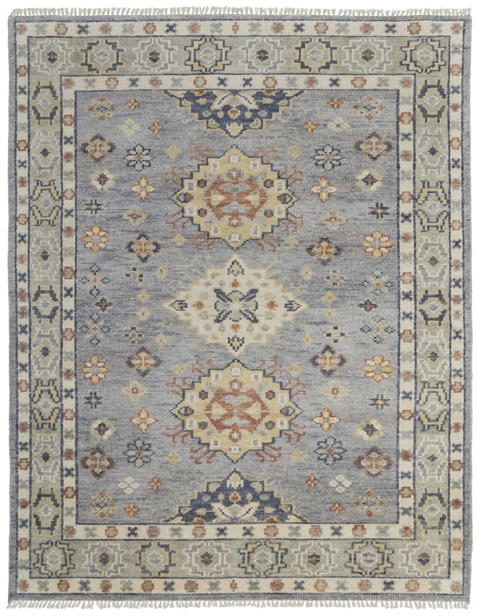 567124 8 x 10 ft. Wool Geometric Hand Knotted Rectangle Area Rug with Fringe, Gray, Blue & Taupe