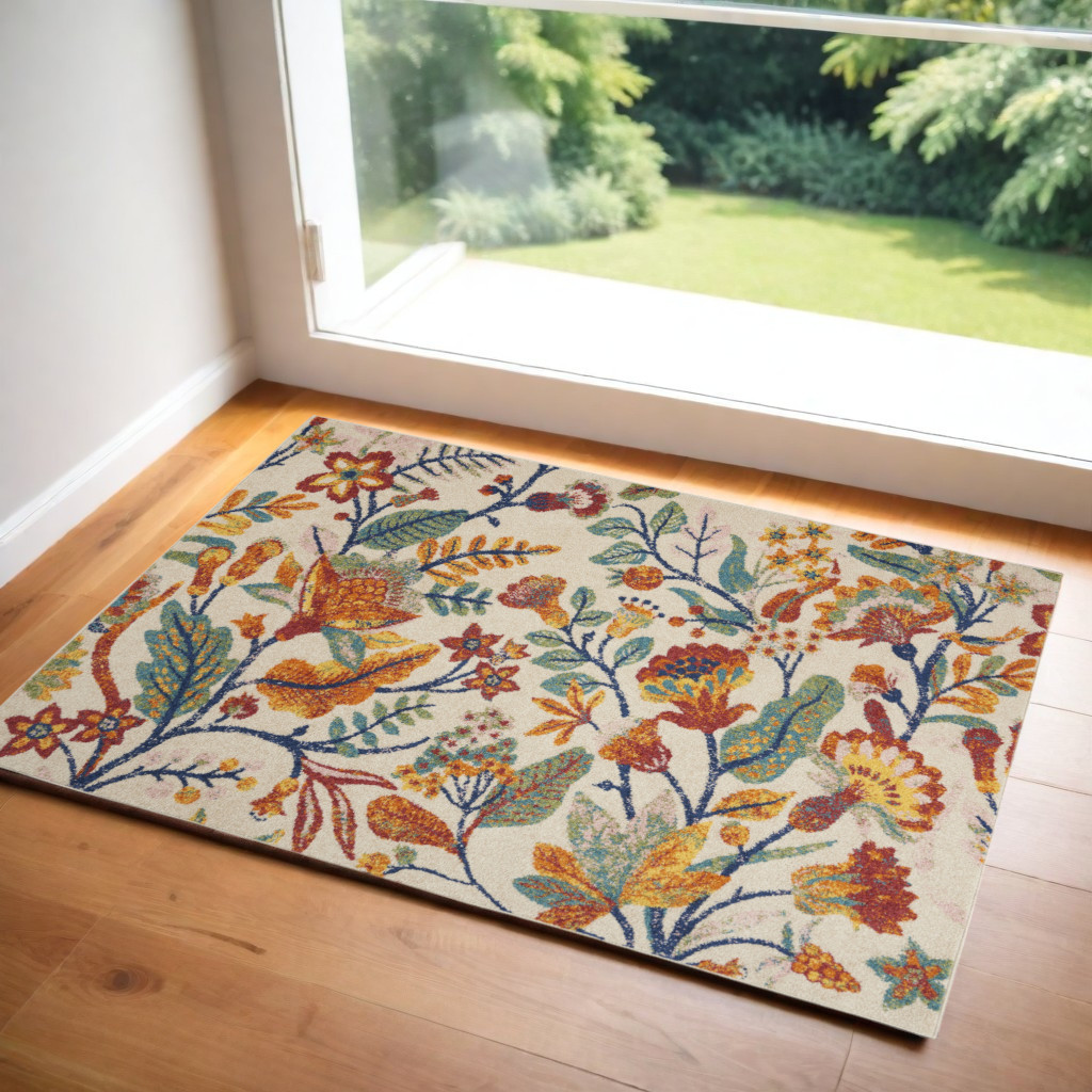 552753 4 x 6 ft. Floral Power Loom Rectangle Area Rug, Orange & Ivory