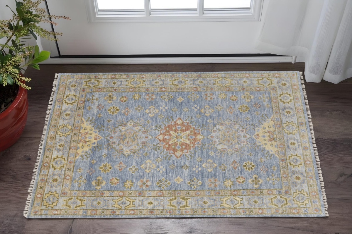 567120 2 x 3 ft. Wool Geometric Hand Knotted Rectangle Area Rug with Fringe, Green, Blue & Yellow