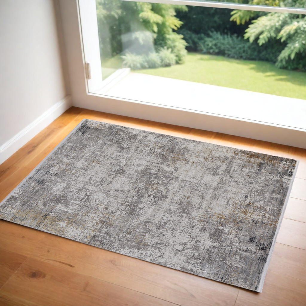 566042 3 x 5 ft. Abstract Power Loom Distressed Rectangle Area Rug with Fringe, Ivory, Taupe & Gray