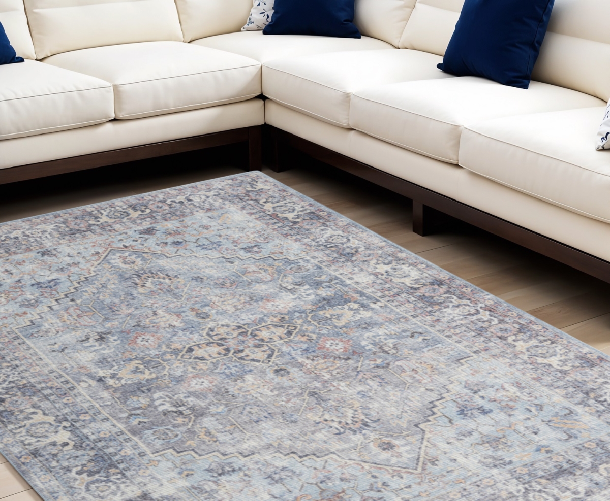 522427 9 x 12 ft. Floral Medallion Power Loom Distressed Washable Rectangle Area Rug, Blue & Gray