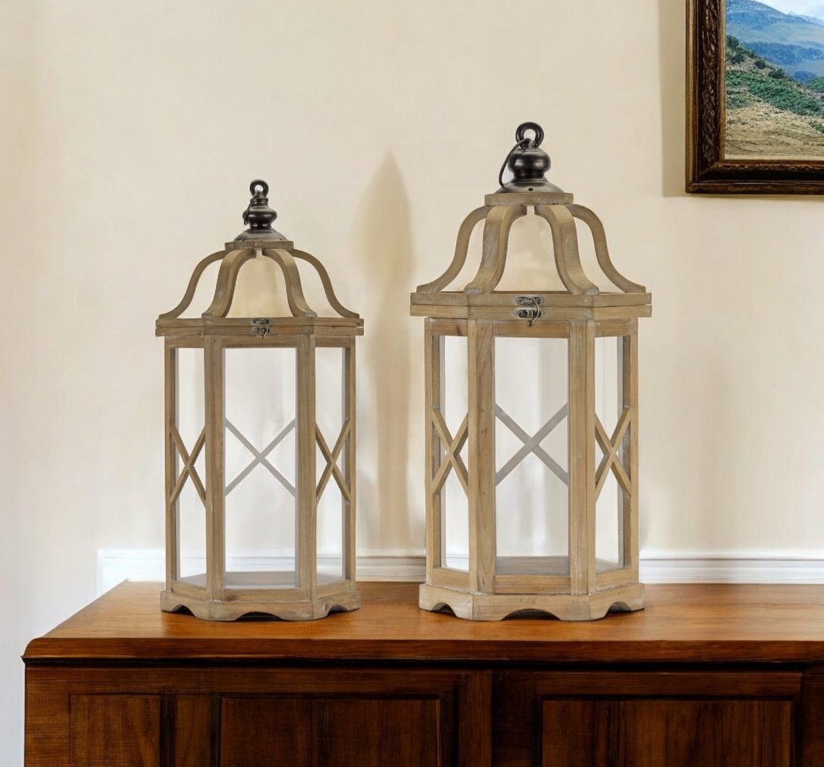 Picture of HomeRoots 517611 Natural & Brown Wood & Metal Geometric Floor Lantern Candle Holders - Set of 2