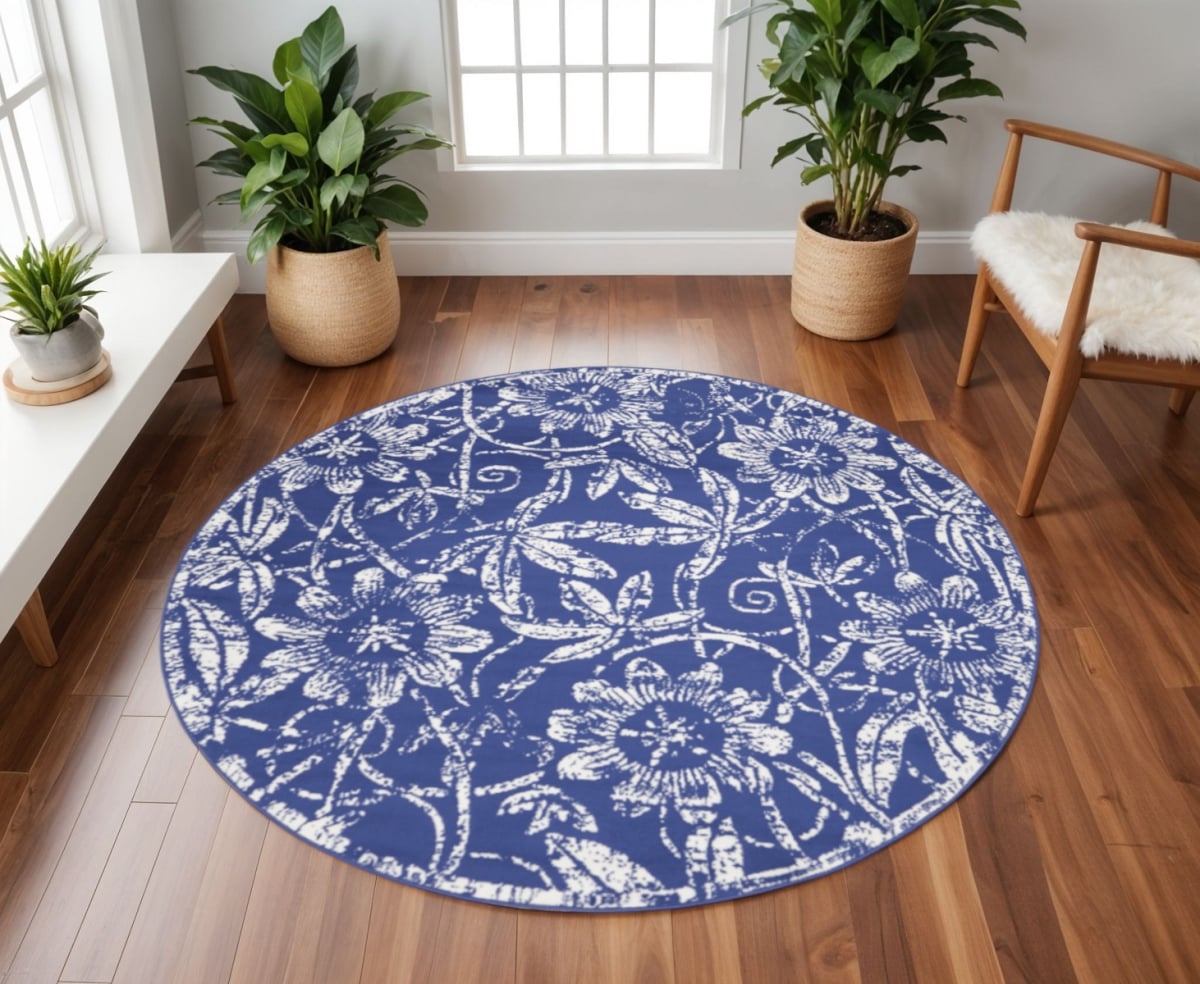 552319 8 ft. Floral Distressed Round Rug, Ivory & Navy Blue