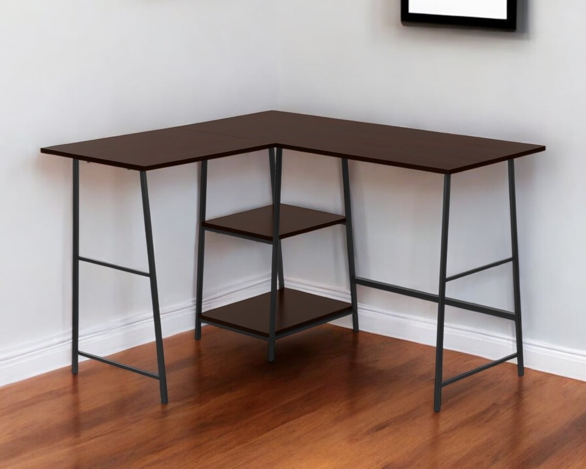 489992 42 in. Espresso & Black Wood & Metal L Shape Computer Desk
