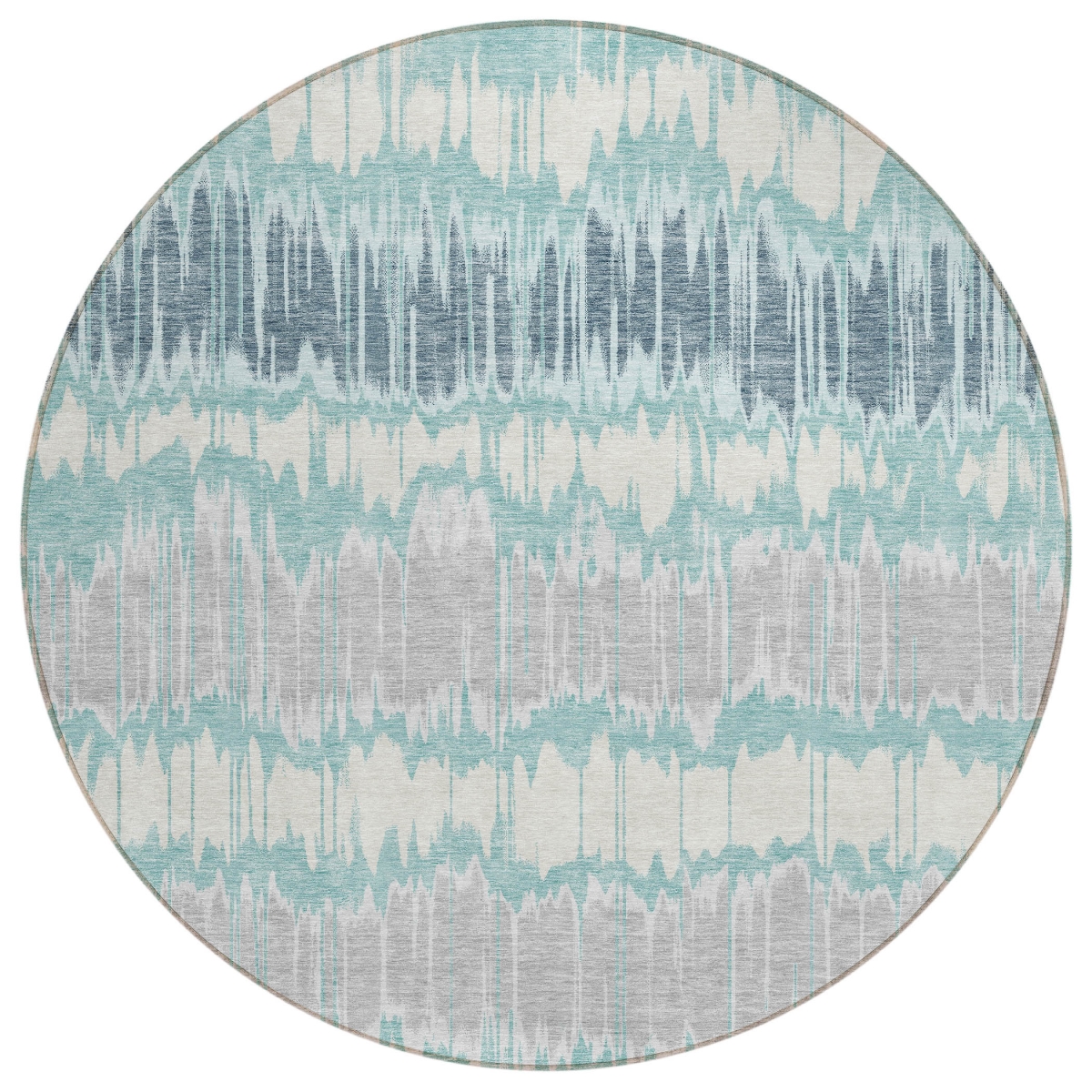 585168 8 ft. Round Striped Washable Indoor & Outdoor Area Rug, Teal Blue, Aqua & Silver